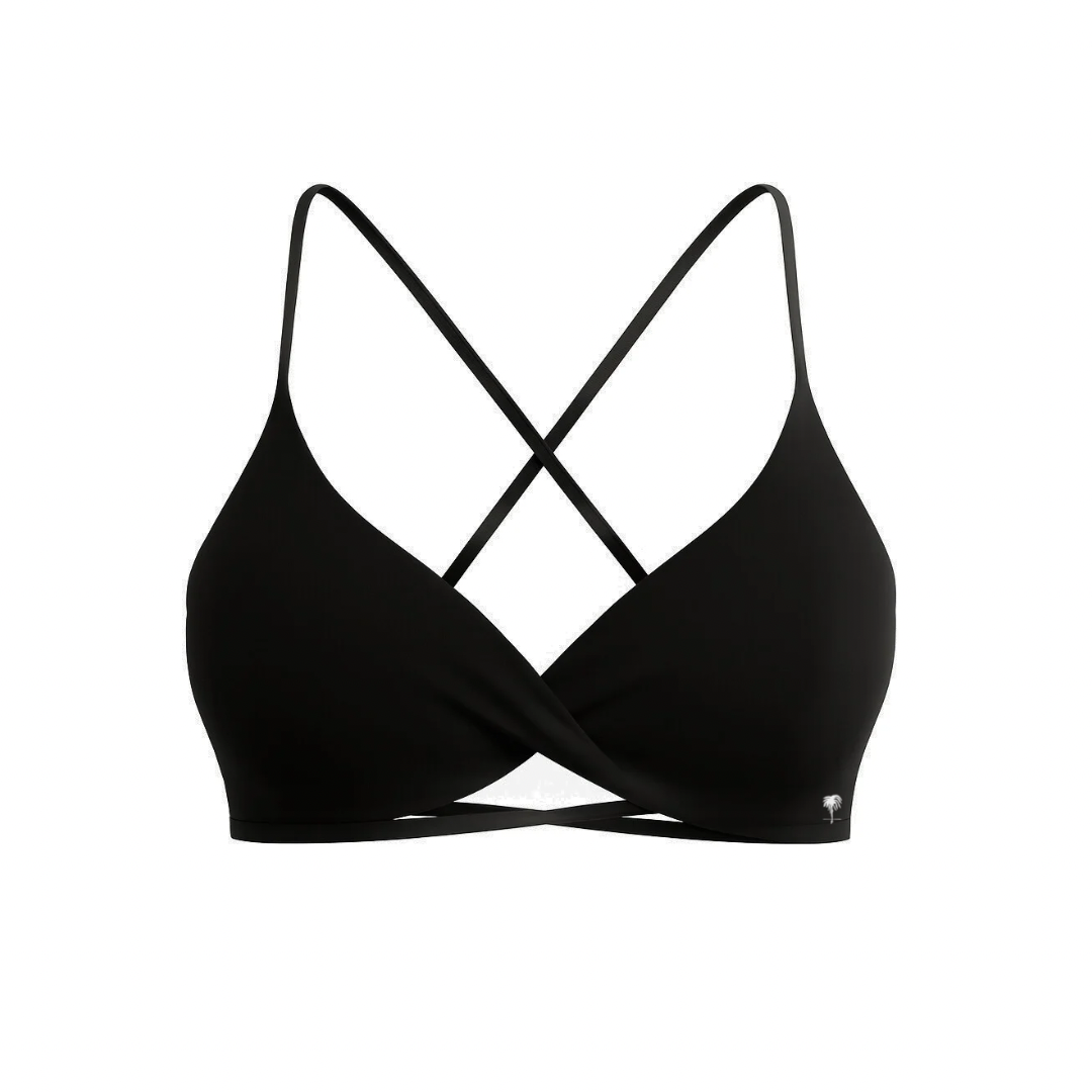 The Palm – CrossFlex™ Bra in black. Minimalist scoop-neck design with cross-front and criss-cross back straps for a secure, sculpting fit.
