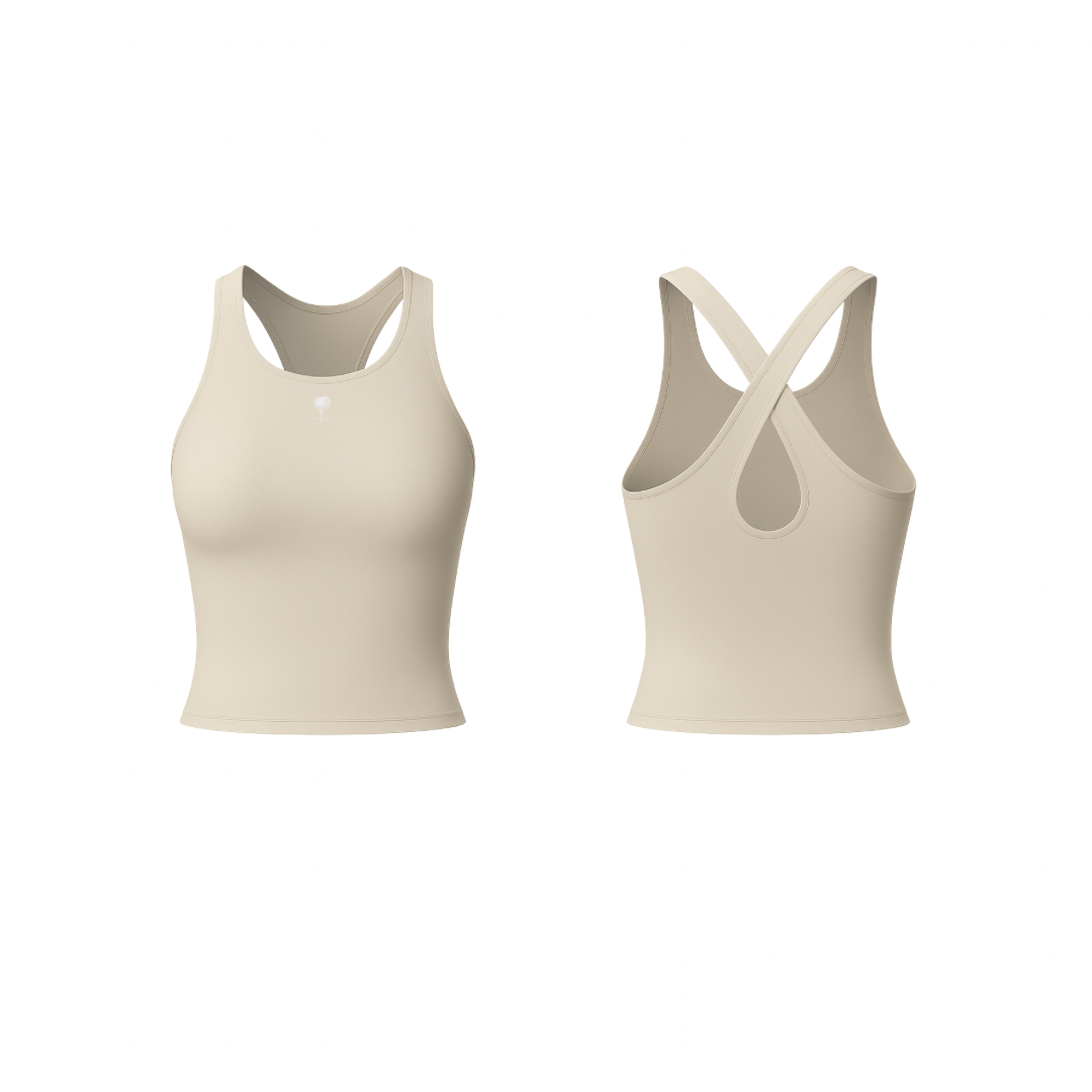 The Palm – CrossForm™ Sculpt Tank in beige. Seamless, second-skin fabric with a sculpting racerback design and teardrop back cutout for a flattering, flexible fit.