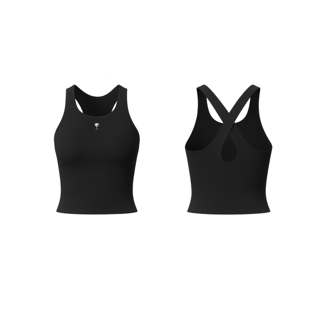 The Palm – CrossForm™ Sculpt Tank in black. Designed for movement with a breathable, second-skin seamless fabric and sculpting racerback fit.