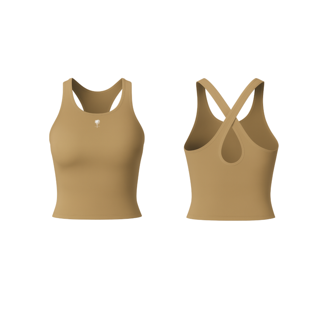 The Palm – CrossForm™ Sculpt Tank in mustard yellow. Seamless, second-skin fabric with a sculpting racerback design and teardrop back cutout, combining flexibility and a flattering fit.