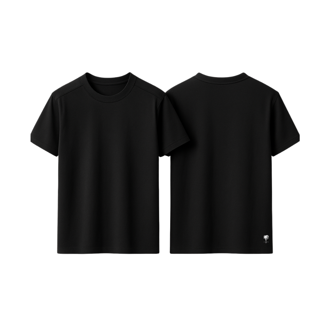 The Palm EasyFit Tee in black, front and back view on a clean white background. Minimalist crew neck short sleeve t-shirt designed for comfort and style. Timeless wardrobe staple in a deep black shade, shown flat without model.
