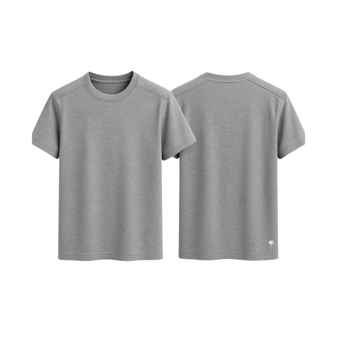 The Palm EasyFit Tee Classic in gray, displayed front and back on a white background. Clean silhouette with round neckline, short sleeves, and breathable fabric crafted for timeless comfort.