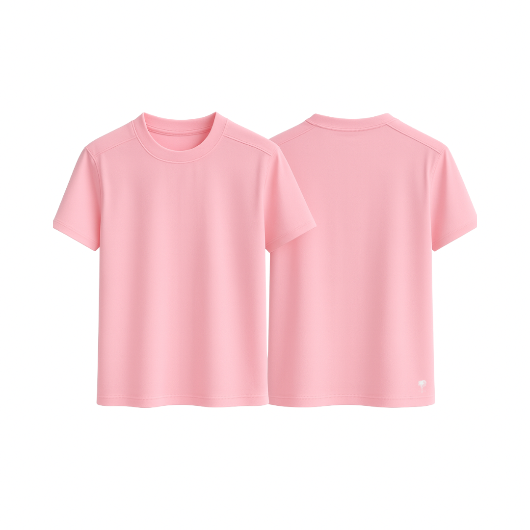 EasyFit™ Tee Classic in soft pink — front and back view of minimal short-sleeve t-shirt, clean seams, relaxed fit, displayed on a white background