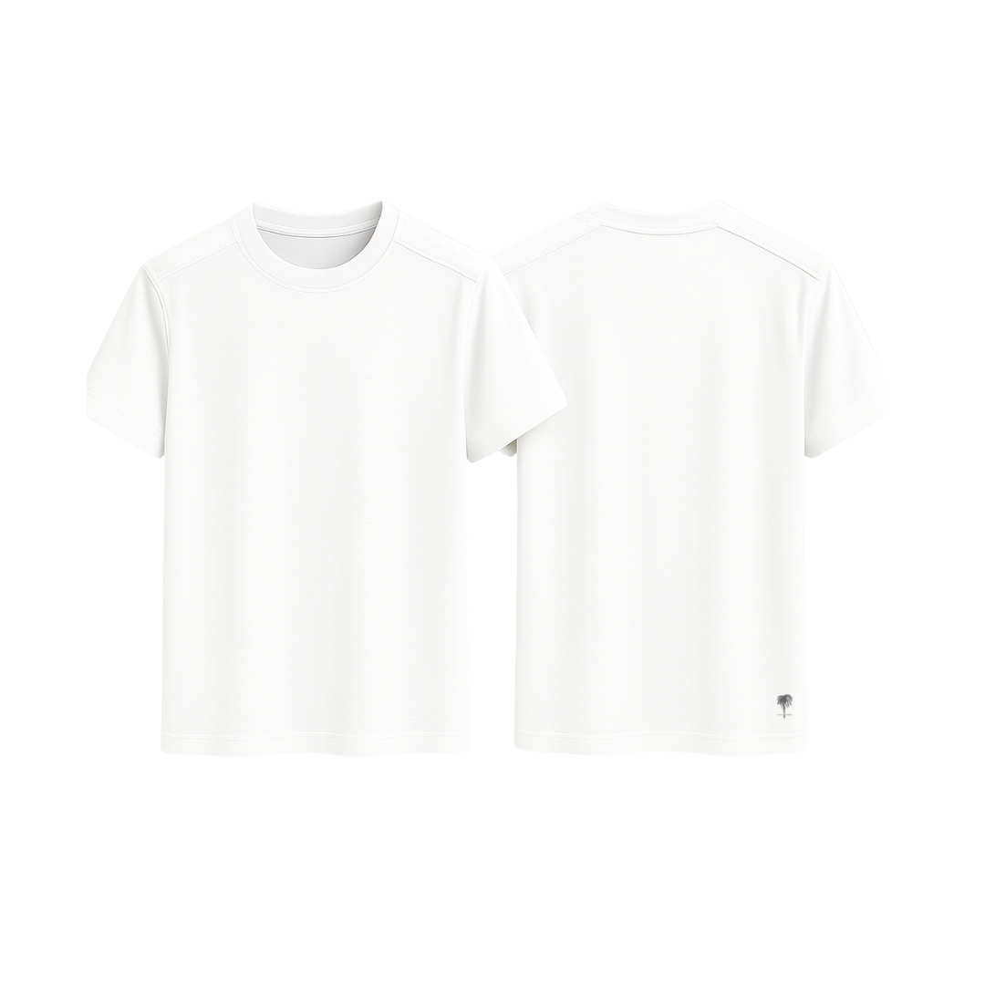 The Palm EasyFit™ Tee Classic in white, shown from both front and back on a white background. Lightweight cotton blend with a straight cut, soft touch, and timeless minimalist style.