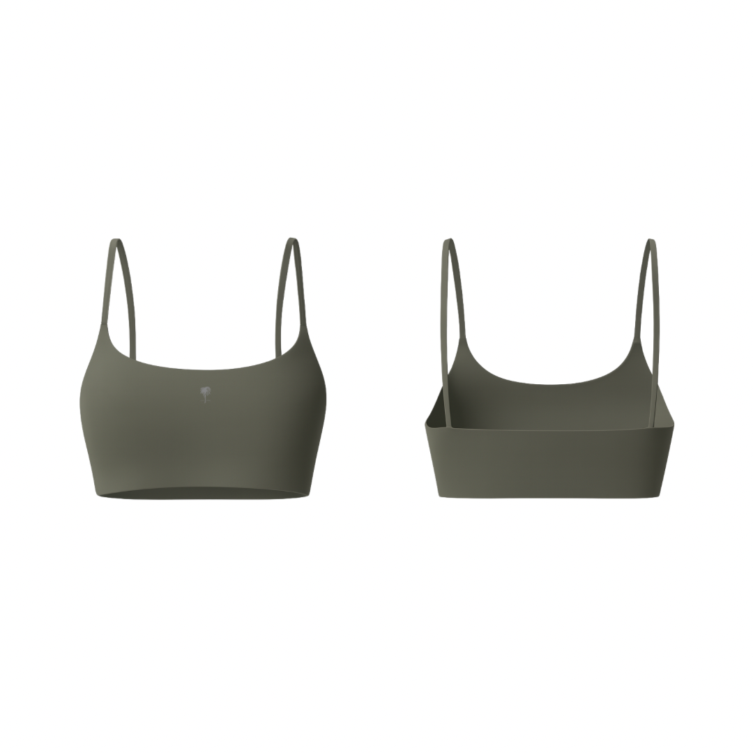 The Palm – FlexForm™ Bra in grey. Minimalist seamless design with adjustable straps and a sculpting, second-skin fit for studio to street wear.