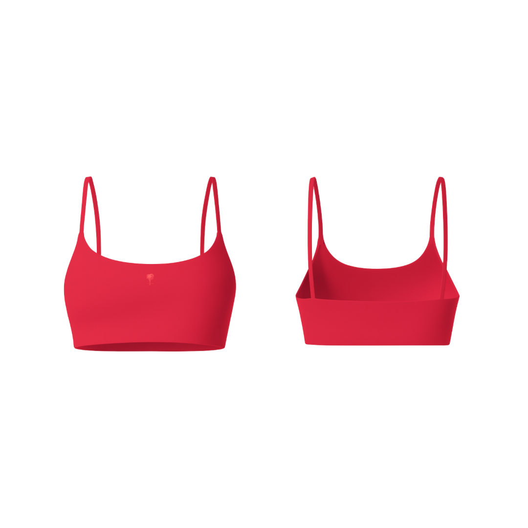 The Palm – FlexForm™ Bra in red. Minimalist seamless design with thin straps and supportive fit, perfect for training or everyday wear.