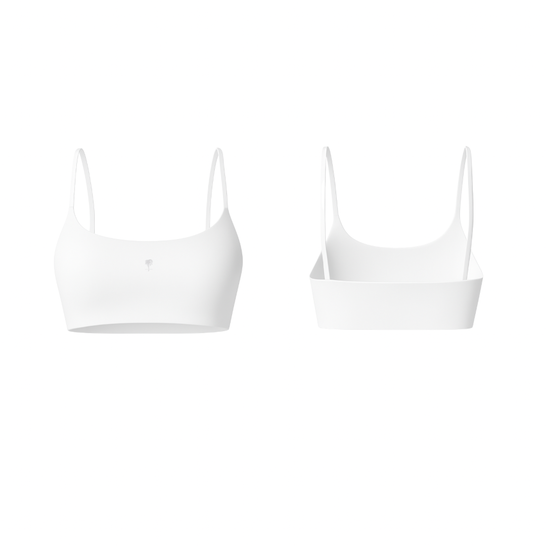 The Palm – FlexForm™ Bra in white. Minimalist seamless design with thin straps, second-skin comfort, and adaptive stretch for training or everyday wear.