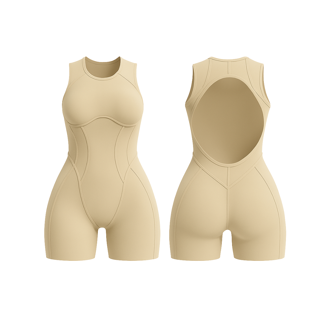 The Palm FlowForm™ Open-Back Romper in light beige. Sleek one-piece with a cut-out back, contour seams, and a soft neutral tone for a refined and versatile look.
