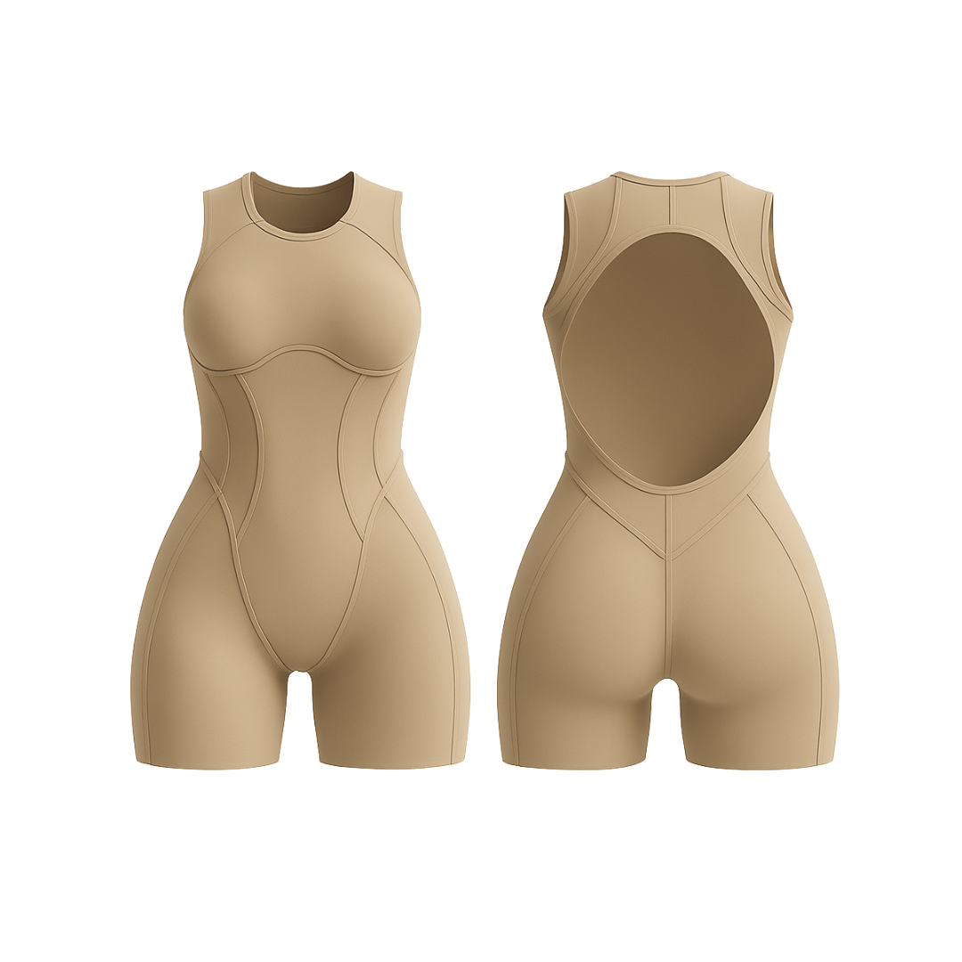 The Palm FlowForm™ Open-Back Romper in beige nude. Elegant one-piece with an open back, contour seams, and a soft, flattering shade perfect for a neutral wardrobe.