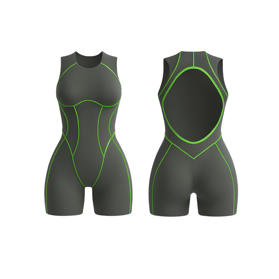 The Palm – FlowForm™ Open-Back Romper in black with neon green contour detailing. Sculpting one-piece with an open-back cutout, designed for breathability and a bold, athletic look. Made from seamless, four-way stretch fabric for comfort, flexibility, and a flattering fit.