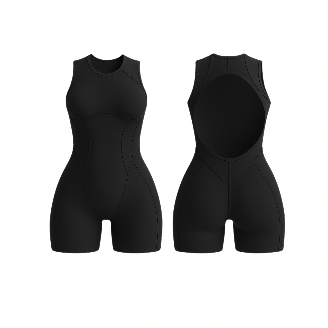 The Palm FlowForm™ Open-Back Romper in black. Sleek one-piece activewear with a cut-out back, high neckline, and contouring seam lines. Designed with breathable, stretchy fabric for sculpting support and all-day comfort.