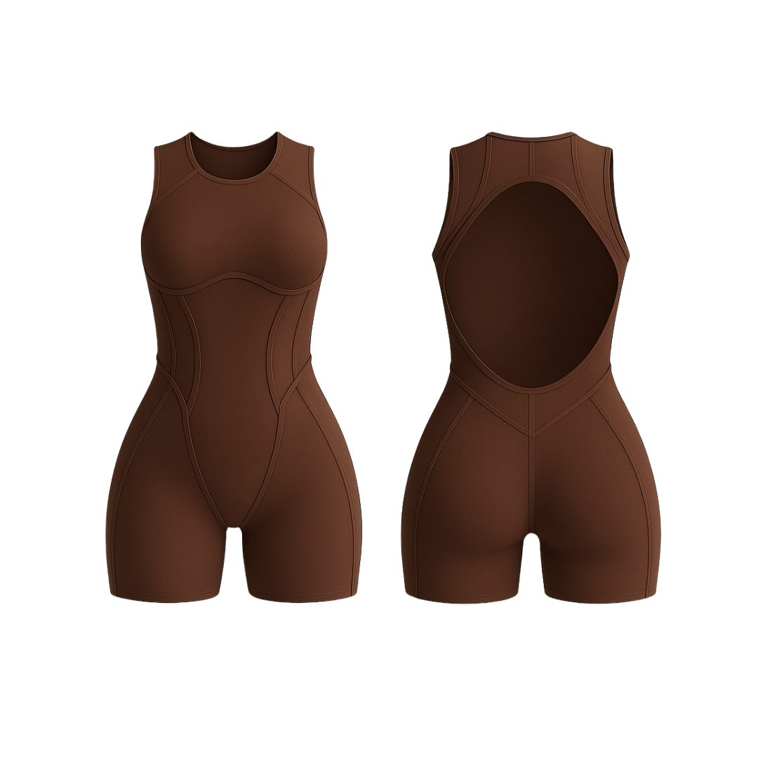 The Palm FlowForm™ Open-Back Romper in coffee brown. Chic one-piece with an open-back cut-out, contour stitching, and a rich warm tone for a bold, sophisticated look.