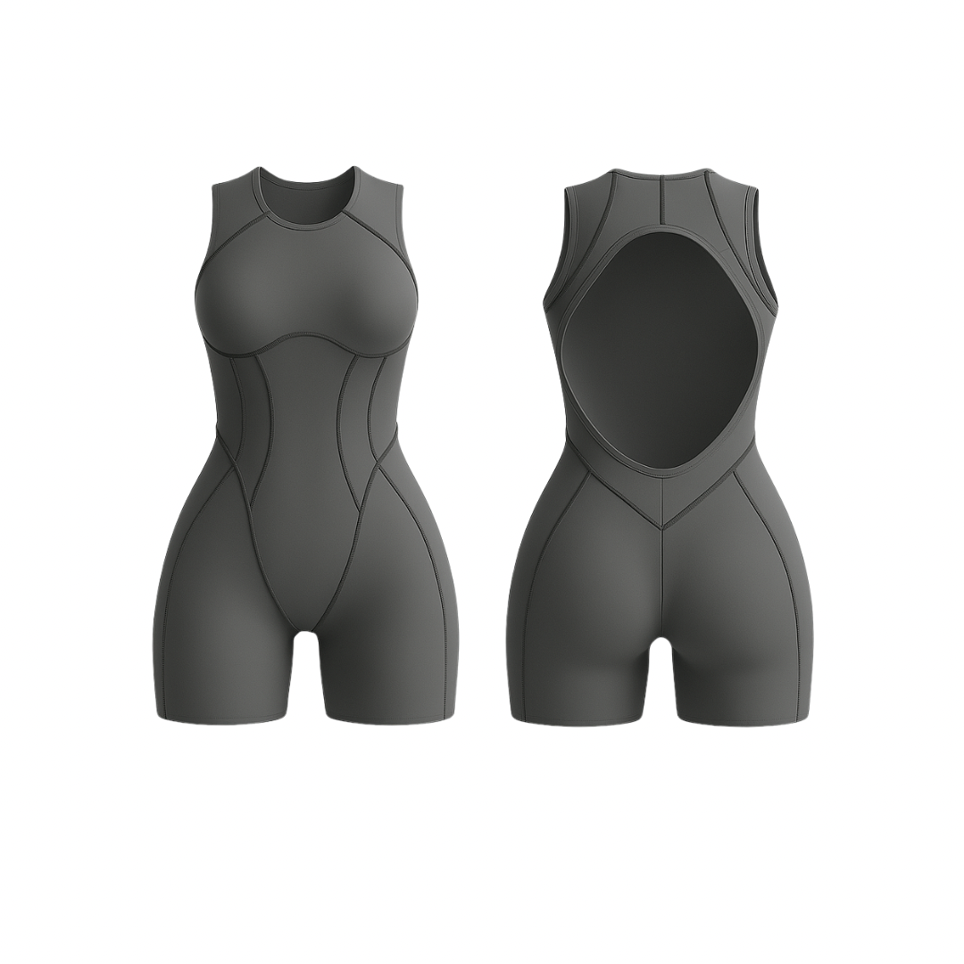 The Palm FlowForm™ Open-Back Romper in gray. Sleek one-piece activewear with a cut-out back, high neckline, and contouring seam lines. Crafted from breathable, stretchy fabric for sculpting support and effortless movement.