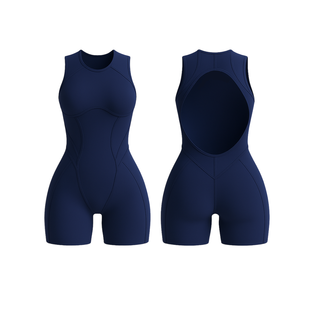 The Palm – FlowForm™ Open-Back Romper in navy blue. Sleek one-piece design with a sculpting fit, featuring an open-back cutout for breathability and style. Crafted from soft, seamless, four-way stretch fabric for movement, comfort, and a flattering silhouette.