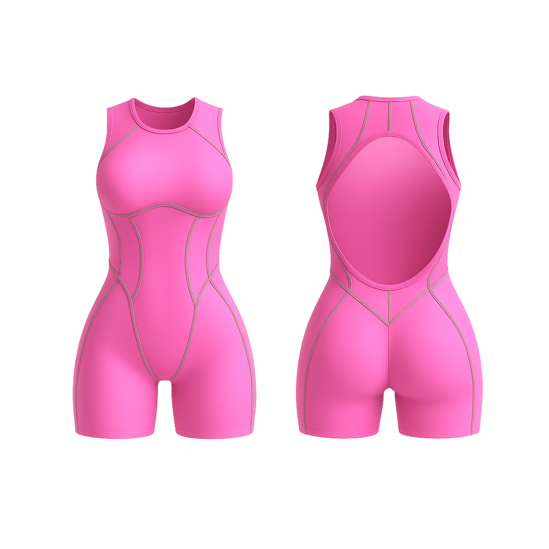 The Palm FlowForm™ Open-Back Romper in pink. A sculpting, one-piece activewear design with an open back cut-out, high neckline, and curve-enhancing seam details. Made from breathable, stretchy fabric for all-day comfort and movement.