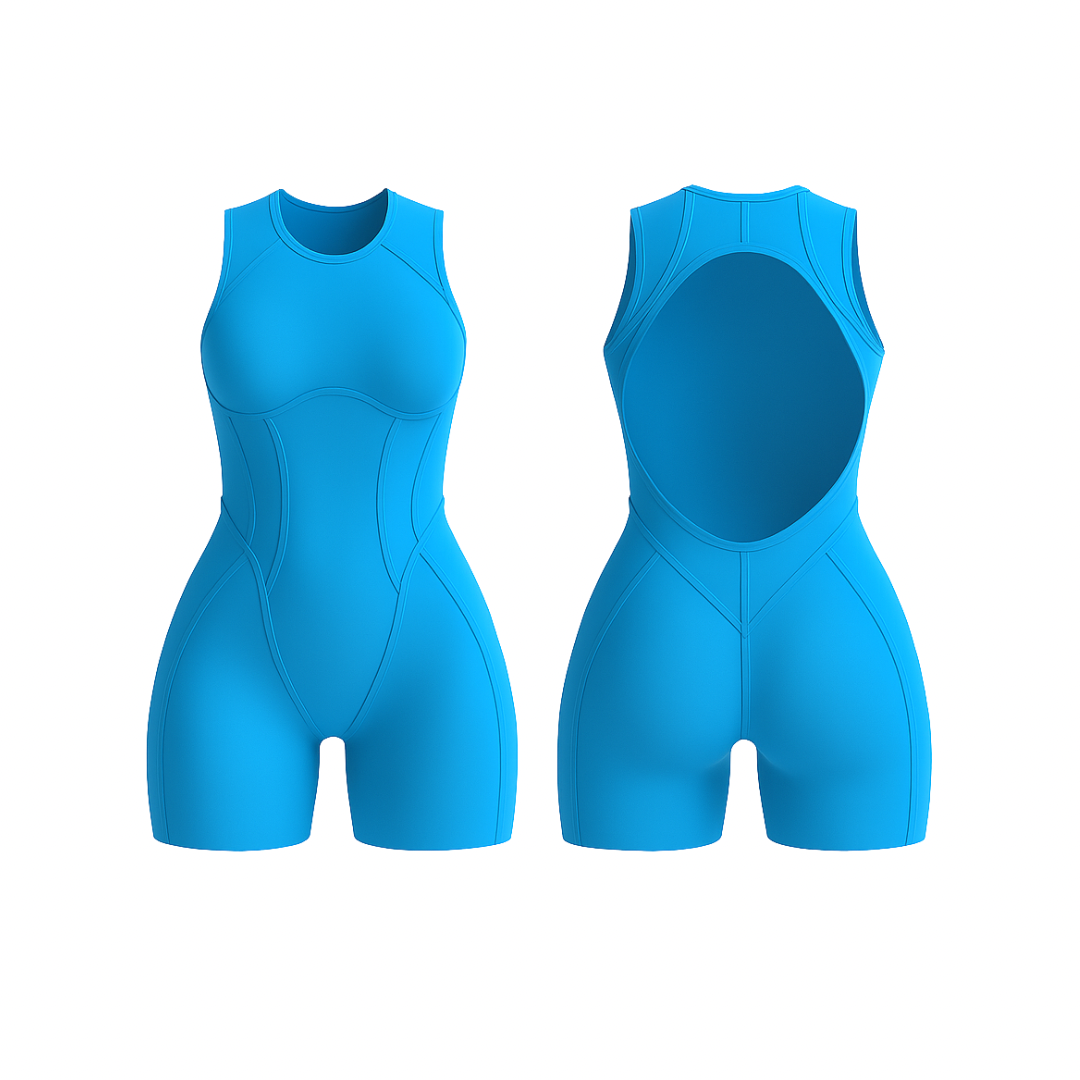 The Palm FlowForm™ Open-Back Romper in light blue. Sleek one-piece with a cut-out back, high neckline, and sculpting seam lines. Crafted from breathable, stretchy fabric for a flattering fit and all-day comfort.