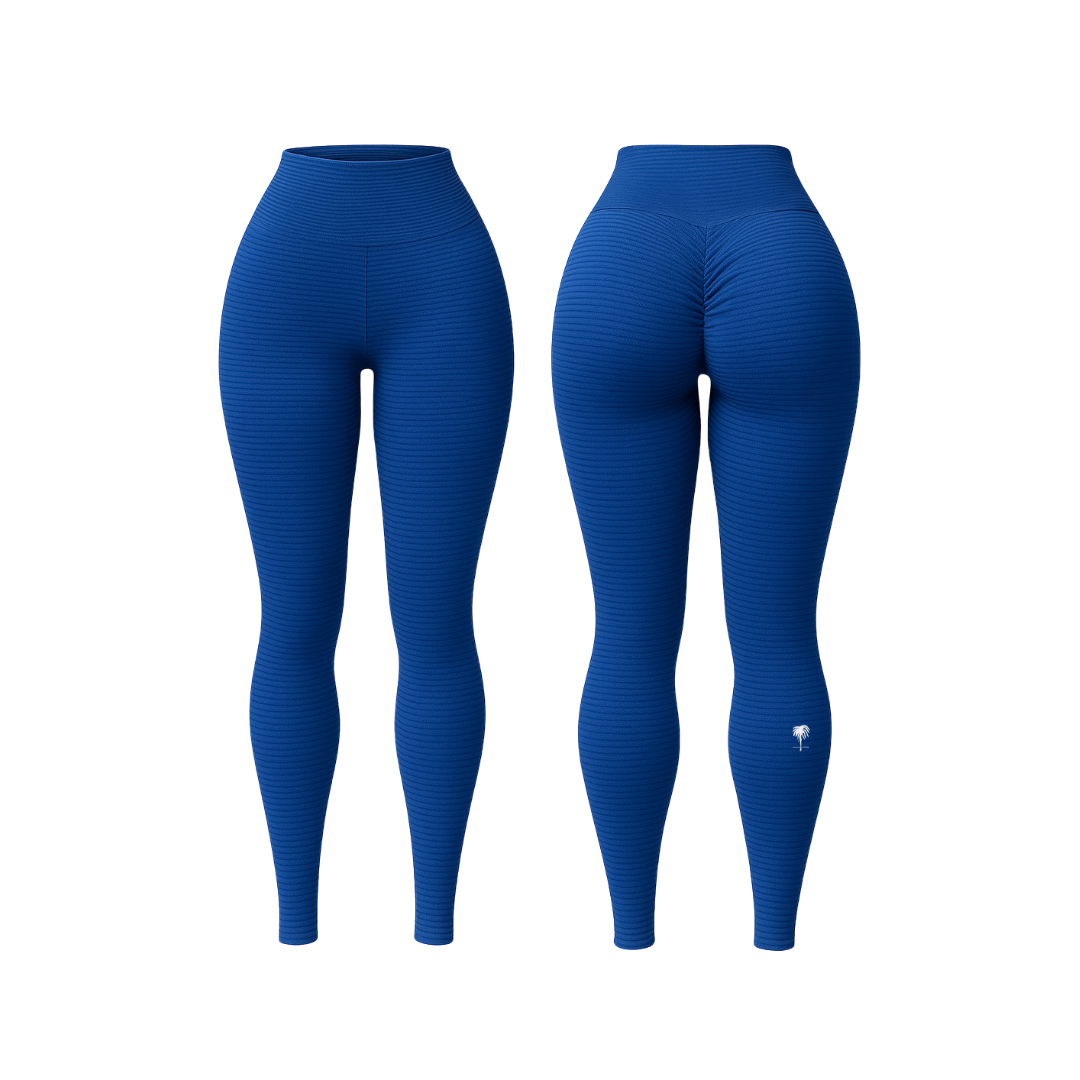 The Palm™ PalmTone™ Curve Leggings in blue. Seamless sculpting leggings with scrunch-back detail, front and back view on white background.