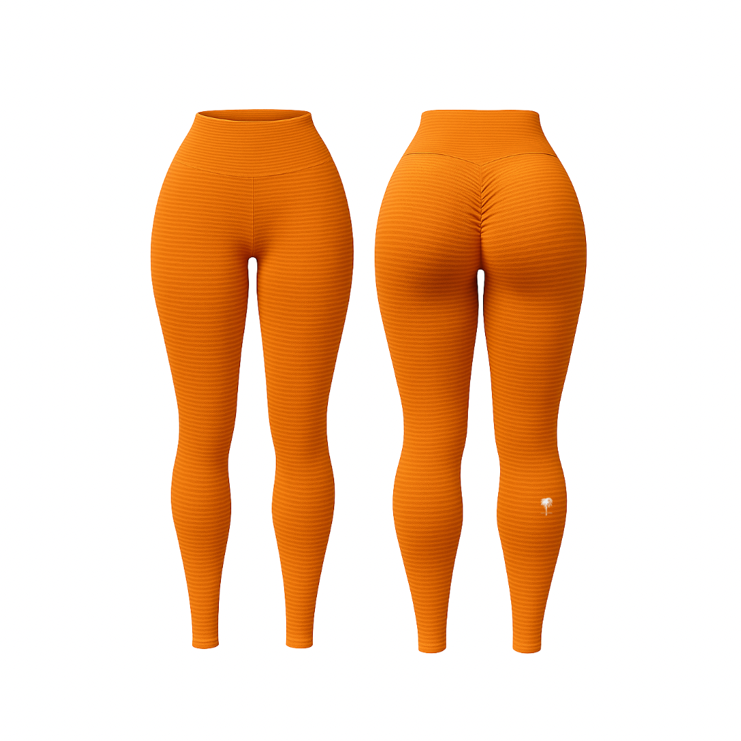 The Palm™ PalmTone™ Curve Leggings in orange. Sculpting leggings with push-up effect, shown from front and back on white background.