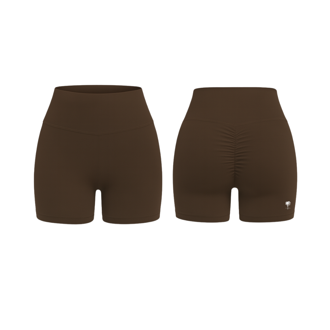The Palm – QuickTone™ Jog Shorts in coffee brown. Seamless high-rise design with back scrunch detail for a flattering, stay-put fit.