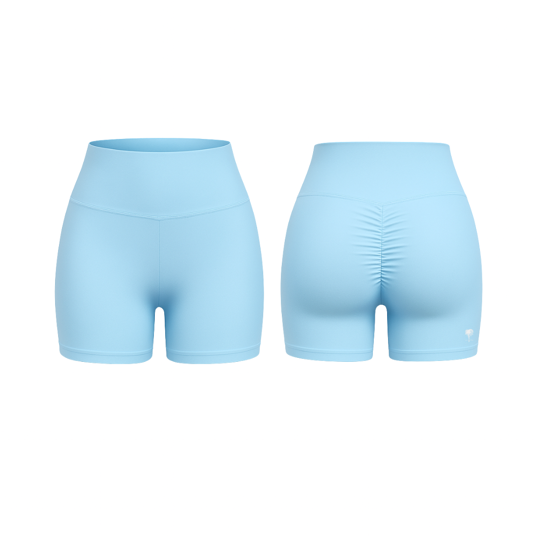 The Palm – QuickTone™ Jog Shorts in light blue. Seamless high-rise design with back scrunch detail for a flattering, stay-put fit.