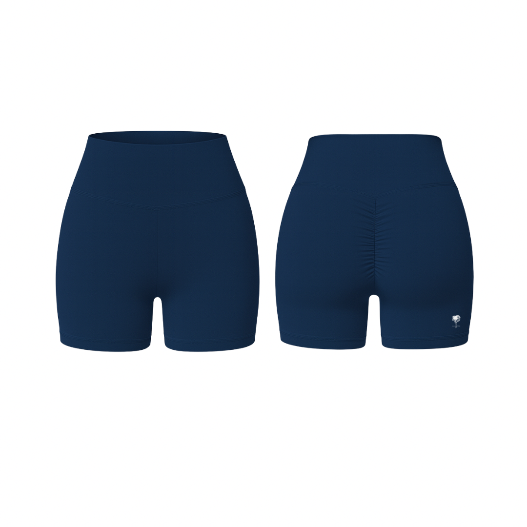The Palm – QuickTone™ Jog Shorts in navy. Lightweight and sculpting with a high-rise fit, second-skin stretch fabric, and a flattering scrunch-back detail designed for movement and comfort.