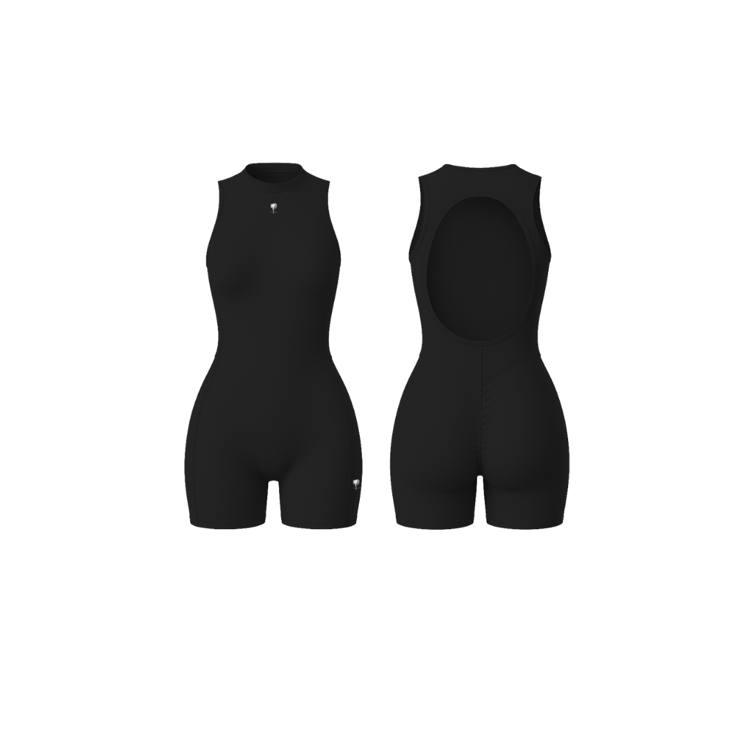 The Palm – SculptFX™ Backless in black. Sleek sleeveless romper with sculpted seam detailing, high round neckline and open back cut-out, designed for sleek shaping and all-day movement.
