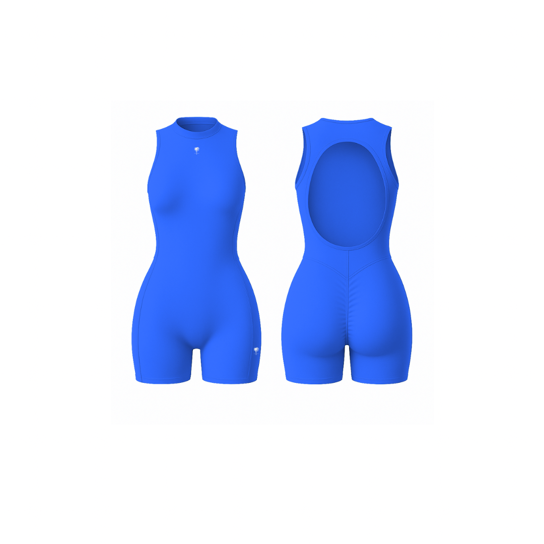 The Palm – SculptFX™ Backless in electric blue. Sleek sleeveless romper with sculpted seam detailing, high round neckline and open back cut-out, designed for sleek shaping and all-day movement.