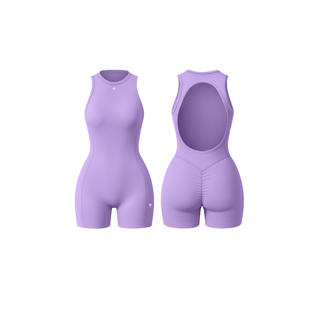 The Palm – SculptFX™ Backless in lilac. Soft pastel romper with sculpted contour seams, sleeveless fit and open back design for effortless shaping and movement.