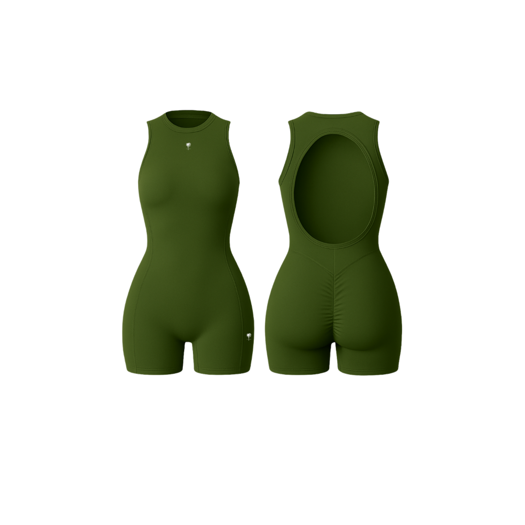 The Palm – SculptFX™ Backless in olive green. Sleek sleeveless romper with sculpted seam detailing, high round neckline and open back cut-out, designed for sleek shaping and all-day movement.