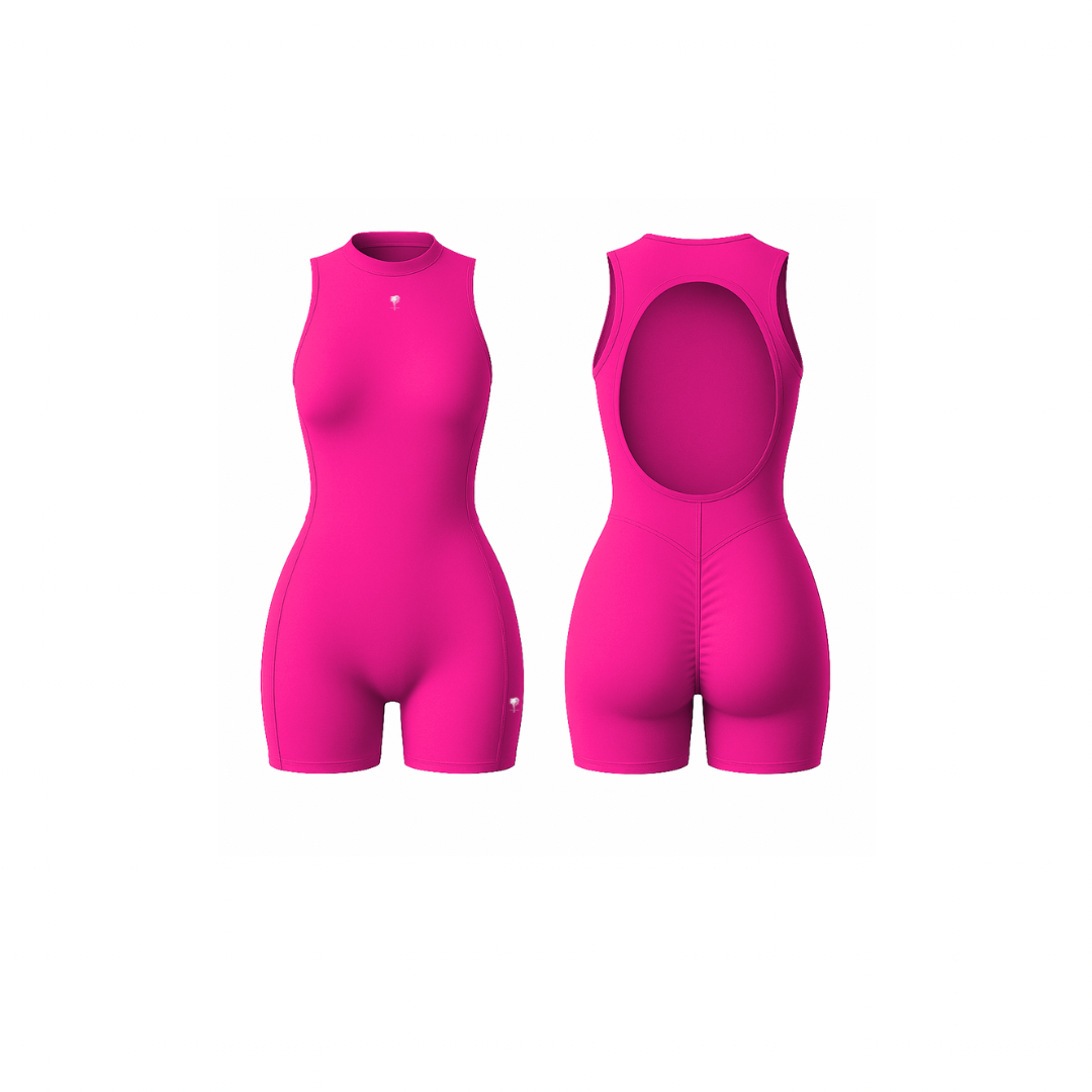 The Palm – SculptFX™ Backless in hot pink. Sleek sleeveless romper with sculpted seam detailing, high round neckline and open back cut-out, designed for sleek shaping and all-day movement.
