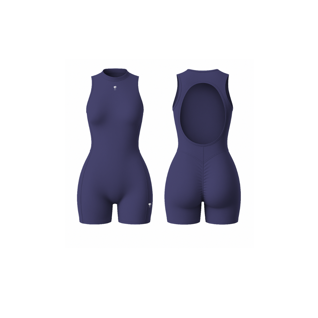 The Palm – SculptFX™ Backless in deep purple. Sleek sleeveless romper with sculpted seam detailing, high round neckline and open back cut-out, designed for sleek shaping and all-day movement.