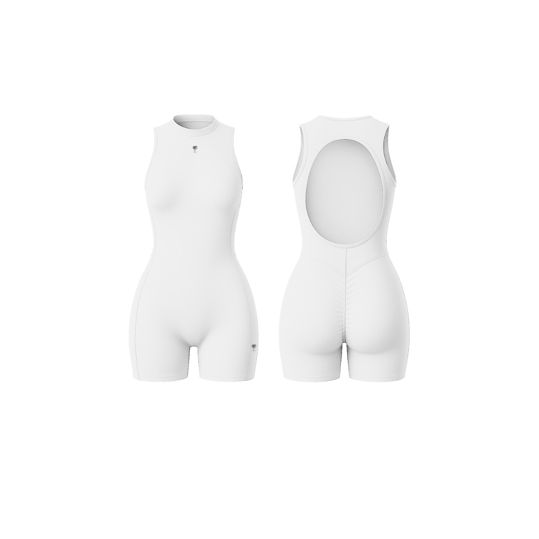 The Palm – SculptFX™ Backless in white. Sleek sleeveless romper with sculpted seam detailing, high round neckline and open back cut-out, designed for sleek shaping and all-day movement.