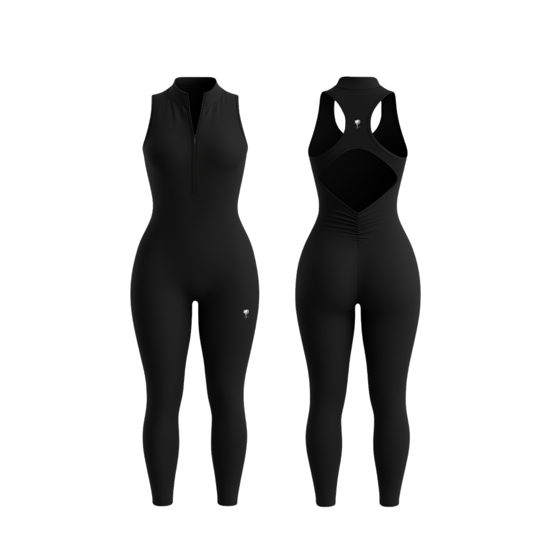 The Palm — SecondSkin Flow Duo in black. Full-length sculpting jumpsuit with a zip front and racerback cut-out. Silky-soft, seamless feel that hugs the body with just the right compression. Elevated and bold — wear it solo or with layers.