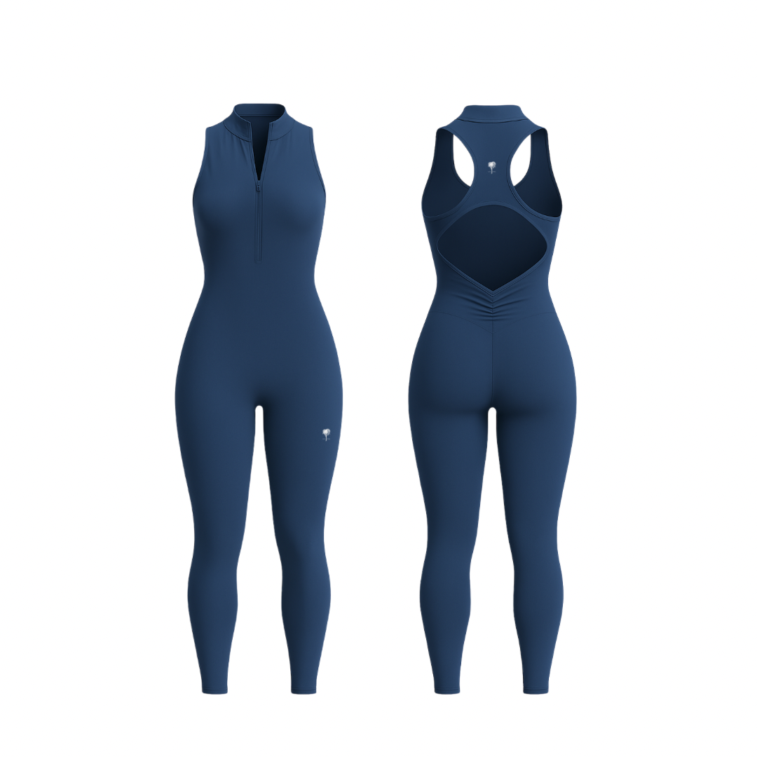 The Palm — SecondSkin Flow Duo in blue. One-piece activewear suit with a front zipper and sculpting back detail. Seamless, second-skin feel with breathable stretch. Designed to move with your flow — bold, sleek, and ultra-functional.
