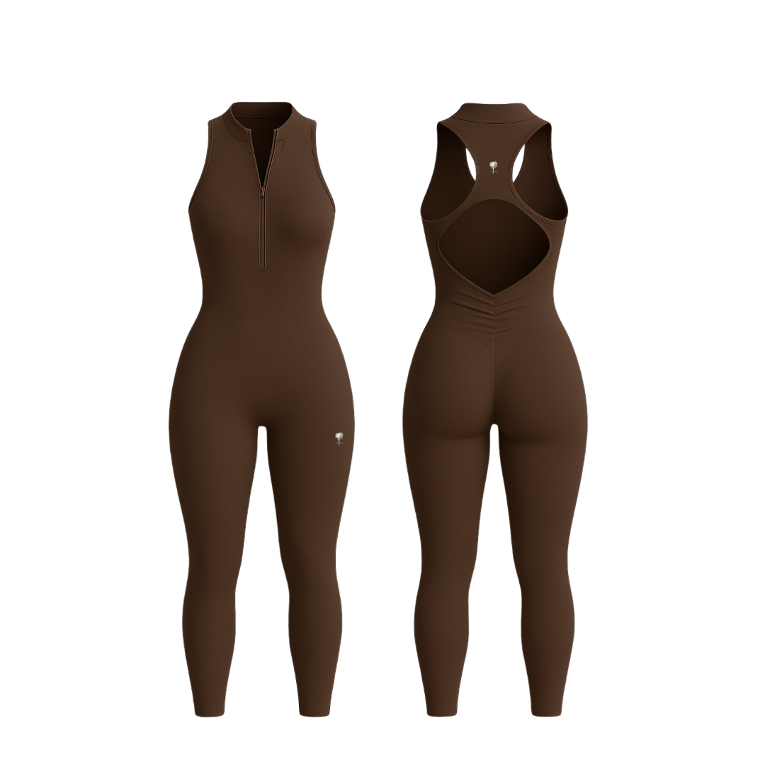 The Palm — SecondSkin Flow Duo in brown. Full-length sculpting jumpsuit with a front zipper and cut-out racerback. Seamless, second-skin finish with ultra-soft compression and 360° stretch. Moves with your body — bold, effortless, and sculpted.