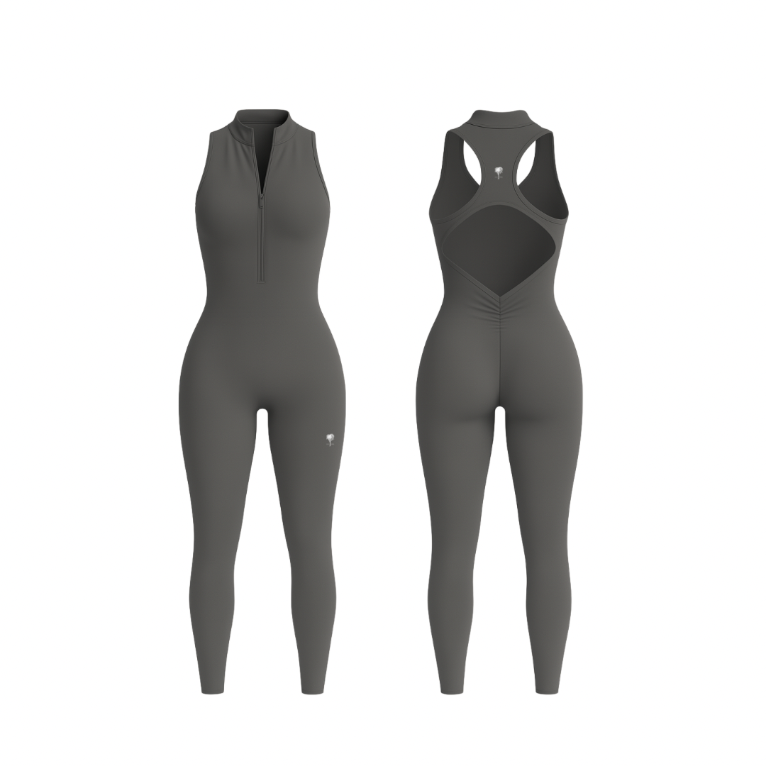 The Palm — SecondSkin Flow Duo in gray. Sculpting one-piece with a breathable open-back design and four-way stretch fabric. Seamless, soft, and moves with you like a second skin. Made for flow, movement, and confidence.