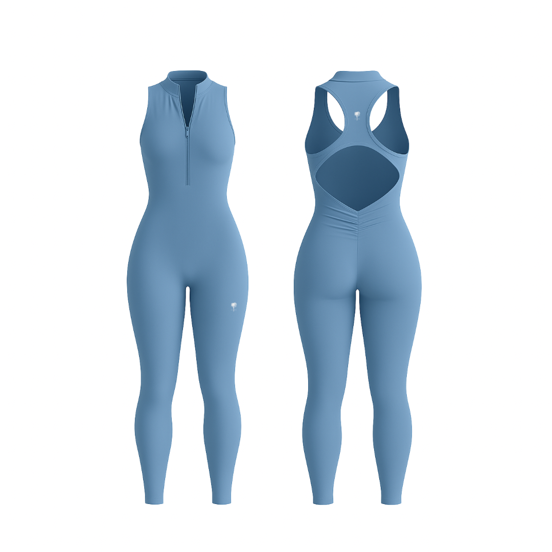 The Palm — SecondSkin Flow Duo in skyblue. Full-length jumpsuit with a sleek front zip and racerback cut-out. Feels like a second skin — smooth, breathable, and supportive in all the right places. Clean lines, bold silhouette, made for movement.