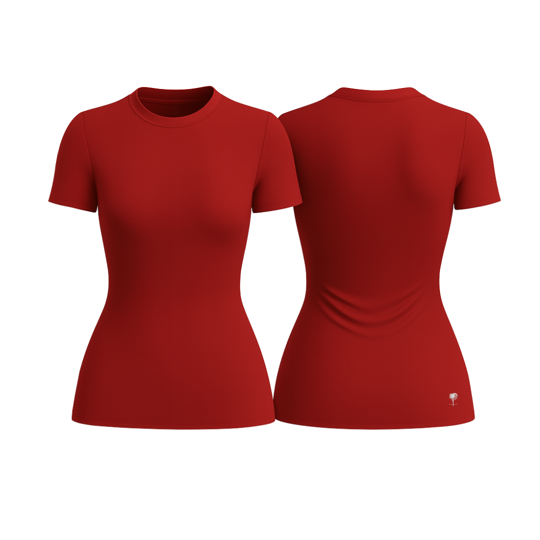 The Palm – SoftForm™ Sculpt Tee in fire sculpt. Shown from front and back on a white background. Silky-soft and sculpting, with a second-skin fit and breathable stretch fabric. Perfect for layering, lounging, or effortless movement.