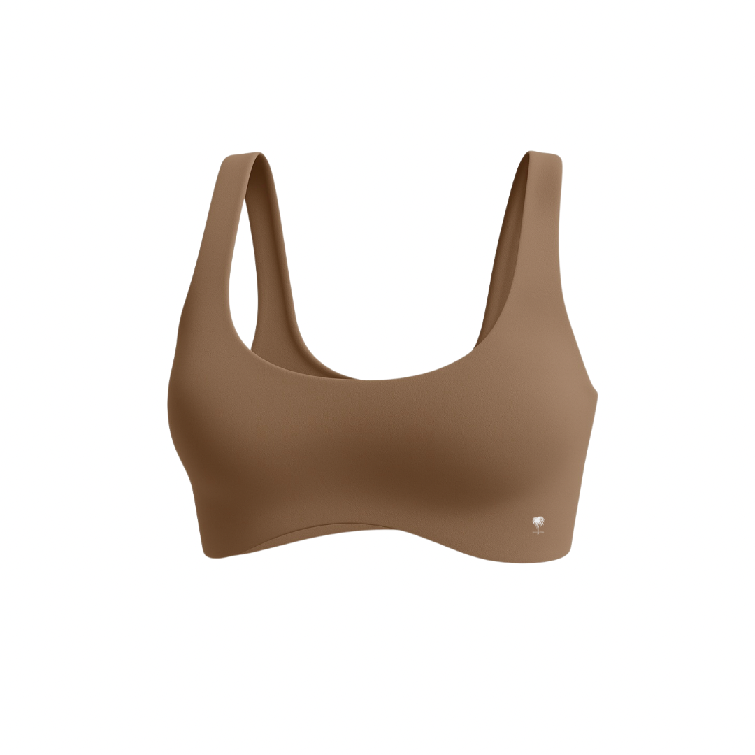 The Palm — SoftSculpt Bra in cocoa. Seamless second-skin fit with flattering neckline and wide straps for gentle support. Earthy, sculpted, and effortless.