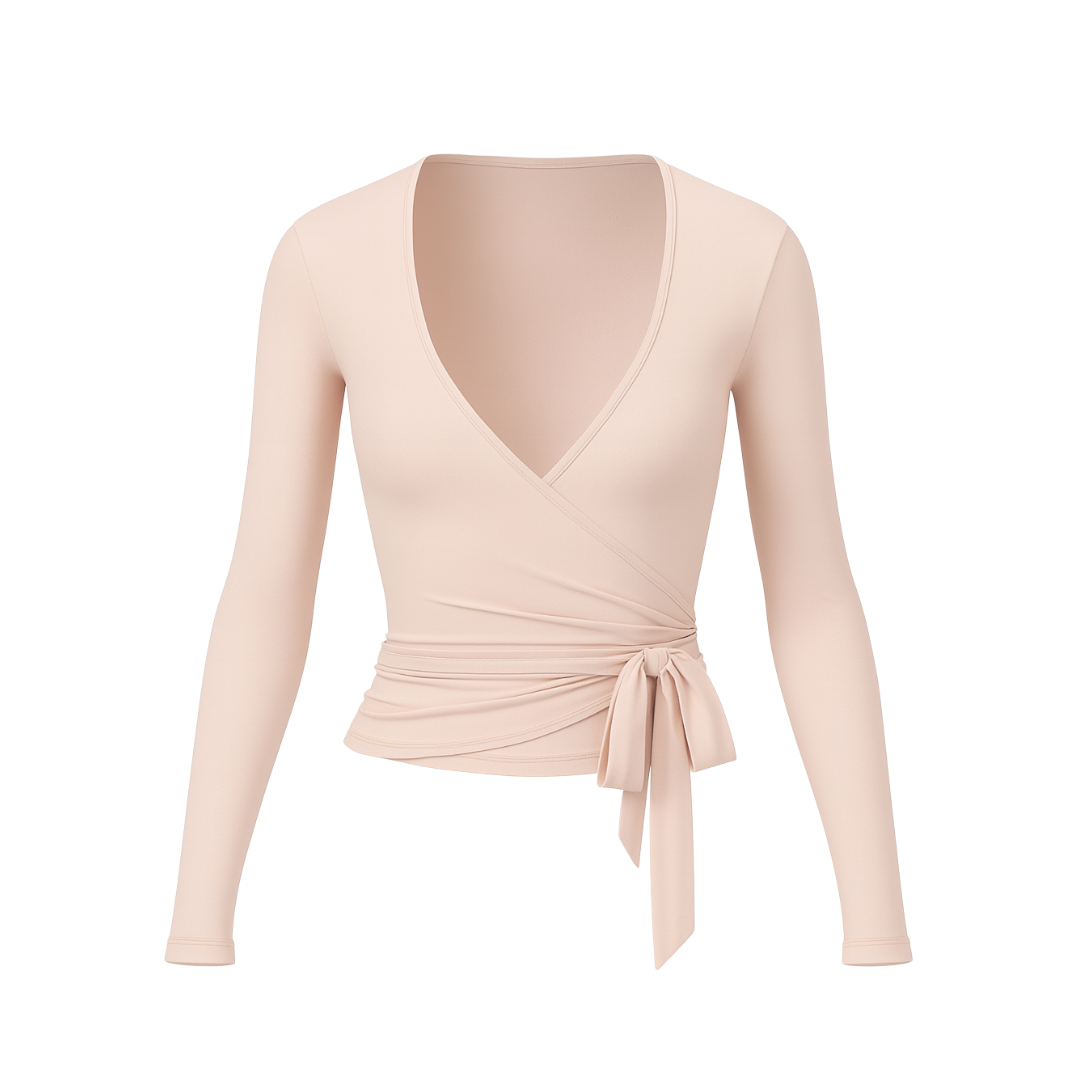 WrapLuxe™ Long-Sleeve Beige — women's wrap top with V-neckline, tie waist, and long sleeves, minimalistic elegant design, beige color, white background