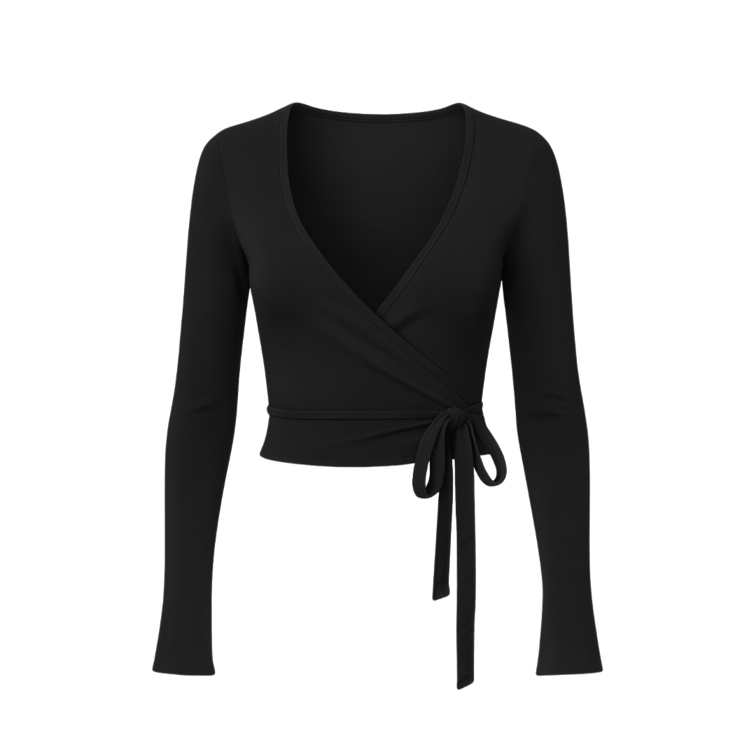 WrapLuxe™ Long Sleeve top in black — sleek wrap design with tie detail, long sleeves, and minimal aesthetic on a white background