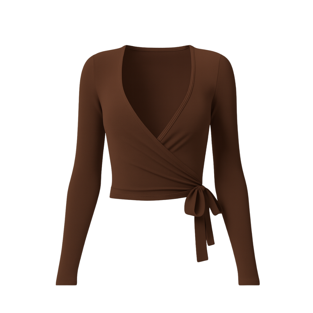 Brown WrapLuxe™ long sleeve wrap top with tie detail on a white background