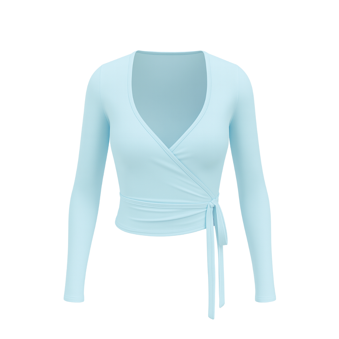 The Palm WrapLuxe long-sleeve wrap top in light blue on white background