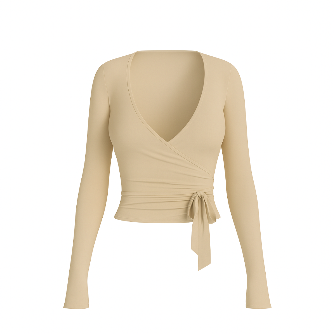 Sent beige WrapLuxe™ long-sleeve top with deep V-neck and side tie, front view on white background