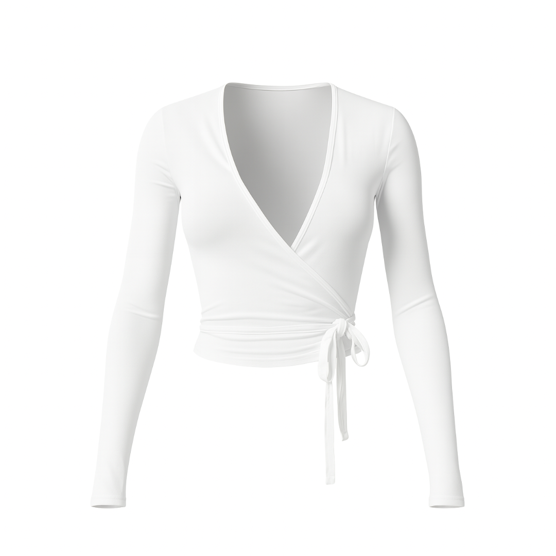 White WrapLuxe™ long-sleeve tie top on a white background