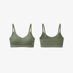 Dark olive green seamless bra shown from two angles, emphasizing the comfortable elastic fit and minimalist design.