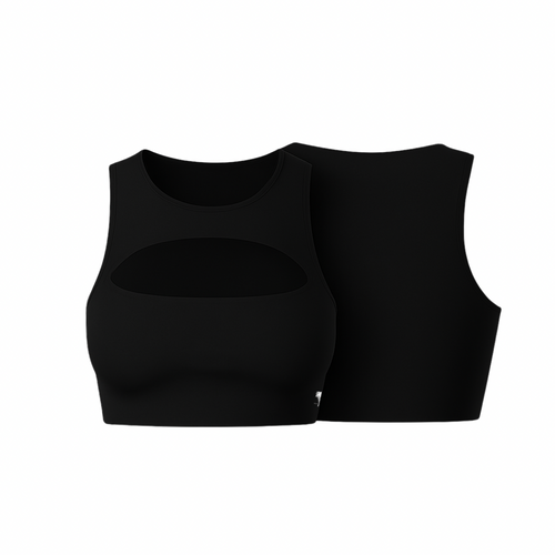Sleek Black Allure Curve™ sports bra by The Palm, featuring a stylish front keyhole cutout, high neckline, and sculpting four-way stretch fabric.