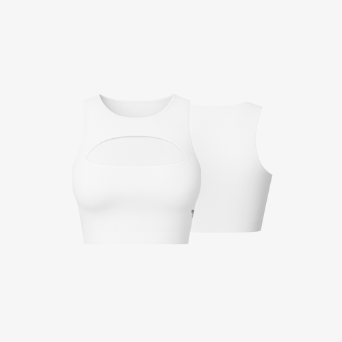 Crisp White Allure Curve™ sports bra by The Palm, featuring a stylish front keyhole cutout, high neckline, and sculpting four-way stretch fabric.
