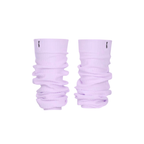 Ivory ribbed knit leg warmers by The Palm, featuring a minimalist logo tag and soft slouchy texture on a lilac mist background1