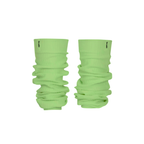 Ivory ribbed knit leg warmers by The Palm, featuring a minimalist logo tag and soft slouchy texture on a mint green background1